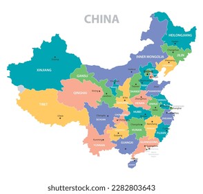 
China vintage map. High detailed vector map with pastel colors, cities and geographical borders