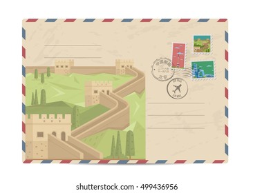 China vintage postal envelope with postage stamps and postmarks on white background, isolated vector illustration. Air mail stamp. Great wall of China. Postal services. Envelope delivery.