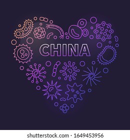 Concepto de vector del corazón de China y virus ilustración lineal de color sobre fondo oscuro