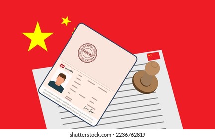 China visa, open stamped passport with visa approved document for border crossing. Immigration visa concept. Background with China flag. vector illustration