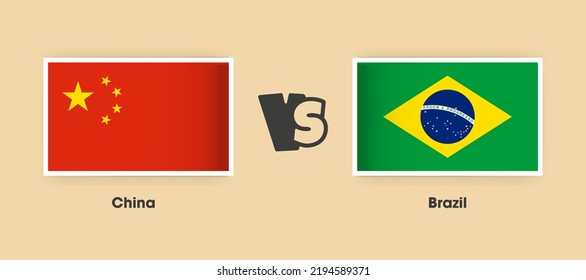 Banderas de China contra Brasil colocadas una al lado de la otra. Banderas nacionales creativas y elegantes de China y Brasil con antecedentes