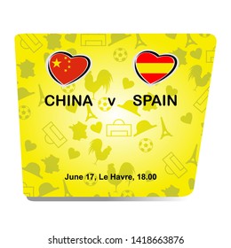 China vs Spain, Women world football match 2019 with yellow background, French pattern with modern and traditional elements, Vector illustration