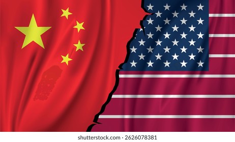 China vs USA Conflict Flags – Geopolitical Tension Illustration , United States Vs China Rivalry Countries Conflict Concept Background with Waving flag and cracks