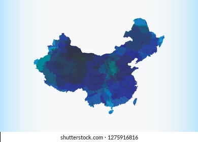 China watercolor map vector illustration in blue color on light background using paint brush on paper