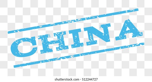 China watermark stamp. Text caption between parallel lines with grunge design style. Rubber seal stamp with unclean texture. Vector light blue color ink imprint on a chess transparent background.