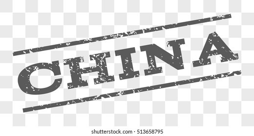 China watermark stamp. Text caption between parallel lines with grunge design style. Rubber seal stamp with scratched texture. Vector grey color ink imprint on a chess transparent background.