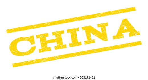 China watermark stamp. Text tag between parallel lines with grunge design style. Rubber seal stamp with unclean texture. Vector yellow color ink imprint on a white background.