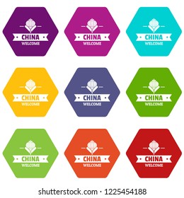 China welcome icons 9 set coloful isolated on white for web