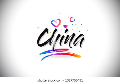 China Welcome To Word Text with Love Hearts and Creative Handwritten Font Design Vector Illustration.