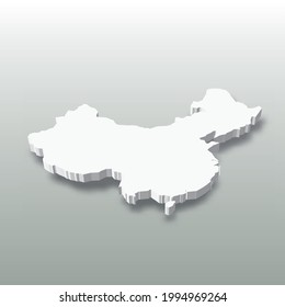 China - mapa blanco de silueta 3D del área del país con sombra caída sobre fondo gris. Ilustración vectorial plana simple
