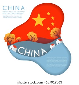 China : World Flag in paper cut shapes with trees and mountains in the layers : Vector Illustration