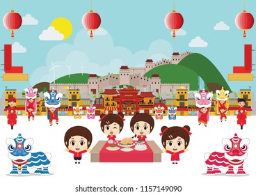 China World And Kids Chinese Lion Dance Party. Vector Illustration