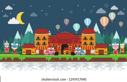 China world and kids chinese traditional clothing.  lion dance party. vector illustration