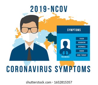 China Wuhan coronavirus 2019-nCoV concept. List of symptoms. Dangerous chinese nCoV coronavirus, pandemic risk alert. Symptoms. Chinese virus. Vector illustration