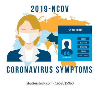 China Wuhan coronavirus 2019-nCoV concept. List of symptoms. Dangerous chinese nCoV coronavirus, pandemic risk alert. Symptoms. Chinese virus. Vector illustration