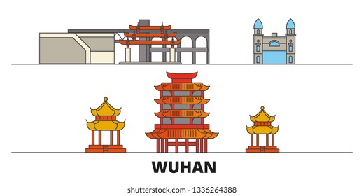 China, Wuhan flat landmarks vector illustration. China, Wuhan line city with famous travel sights, skyline, design. 