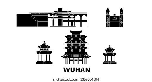 China, Wuhan flat travel skyline set. China, Wuhan black city vector illustration, symbol, travel sights, landmarks.
