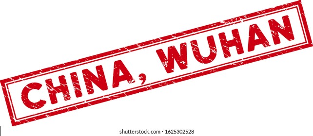 China, Wuhan rectangle framed seal stamp. Red vector rectangle grunge seal with China, Wuhan text inside rectangle double frame. Designed for imprints with corroded rubber style.