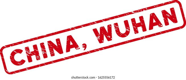 China, Wuhan rectangle framed watermark. Red vector rectangle textured watermark with China, Wuhan phrase inside rounded rectangle frame. Useful for overlays with distress rubber surface.