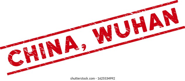 China, Wuhan stamp seal. Red vector textured stamp imprint with China, Wuhan caption between parallel lines. Useful for rubber imitations with corroded rubber surface.