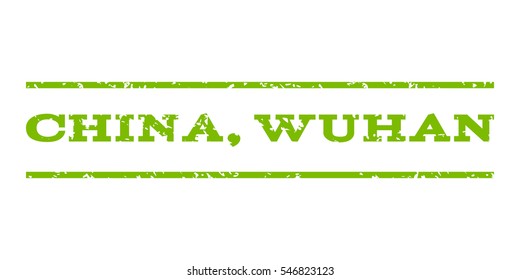 China, Wuhan watermark stamp. Text tag between horizontal parallel lines with grunge design style. Rubber seal stamp with scratched texture. Vector eco green color ink imprint on a white background.
