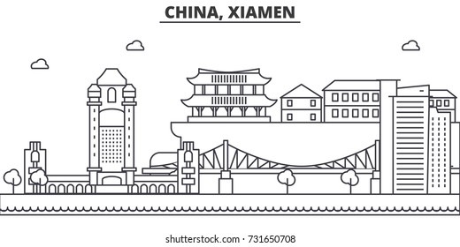 China, Xiamen architecture line skyline illustration. Linear vector cityscape with famous landmarks, city sights, design icons. Landscape wtih editable strokes