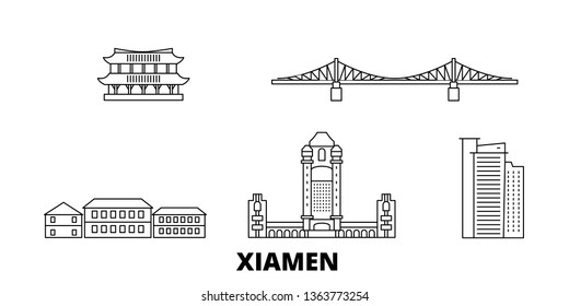 China, Xiamen line travel skyline set. China, Xiamen outline city vector illustration, symbol, travel sights, landmarks.