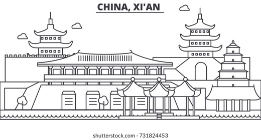 China, Xian architecture line skyline illustration. Linear vector cityscape with famous landmarks, city sights, design icons. Editable strokes