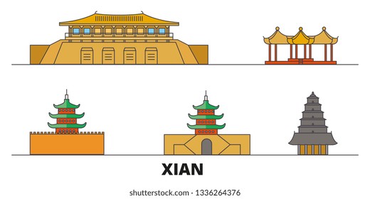 China, Xian  flat landmarks vector illustration. China, Xian  line city with famous travel sights, skyline, design. 