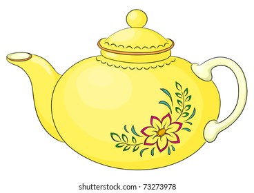 China yellow teapot with a pattern from a red flower and green leaves