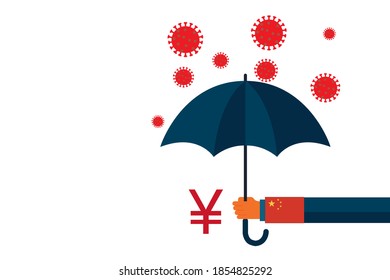 China yuan coins under umbrella, financial protection vector style