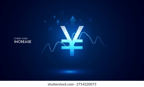 China Yuan value increase with graph and blue background. Yuan increase vector illustration set. China Yuan cost increase icon