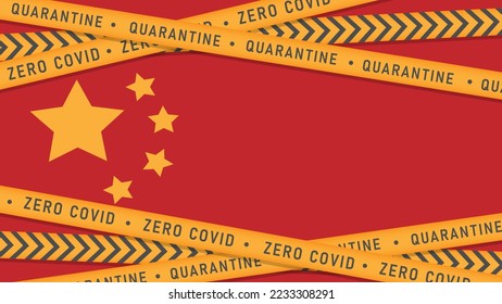 China zero COVID policy concept. Background of the China Flag with yellow ribbons. Continuous one line drawing vector illustration - Shutterstock ID 2233308291