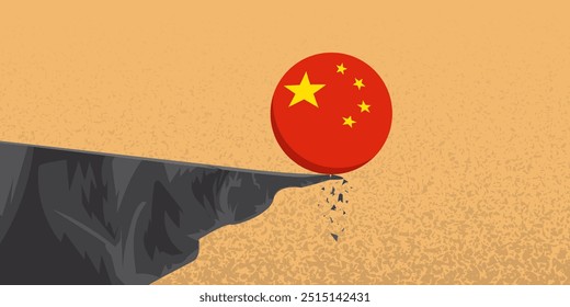 China's flag ball roll off a cliff. Banking System, financial, Real Estate crisis developed from property sector bankrupt,  slump, stock market decline in China Asia	