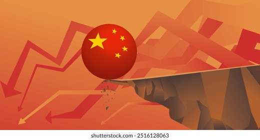 China's flag ball roll off a cliff concept Banking System, financial, Real Estate crisis developed from property sector bankrupt, slump, stock market decline in China Asia