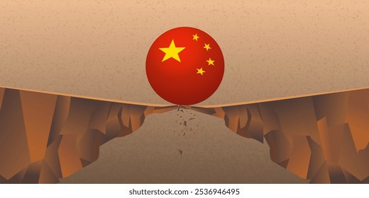 China's flag ball roll off a cliff concept Banking System, financial, Real Estate crisis developed from property sector bankrupt, slump, stock market decline in China Asia	