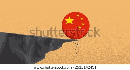 China's flag ball roll off a cliff. Banking System, financial, Real Estate crisis developed from property sector bankrupt,  slump, stock market decline in China Asia	