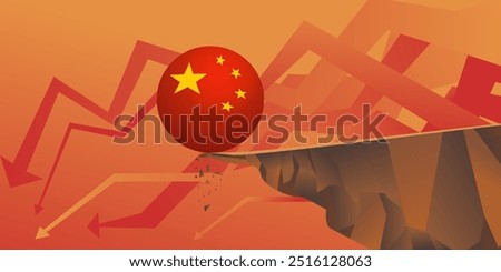 China's flag ball roll off a cliff concept Banking System, financial, Real Estate crisis developed from property sector bankrupt, slump, stock market decline in China Asia