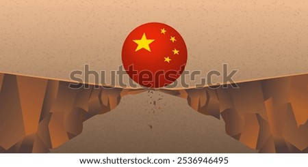 China's flag ball roll off a cliff concept Banking System, financial, Real Estate crisis developed from property sector bankrupt, slump, stock market decline in China Asia	