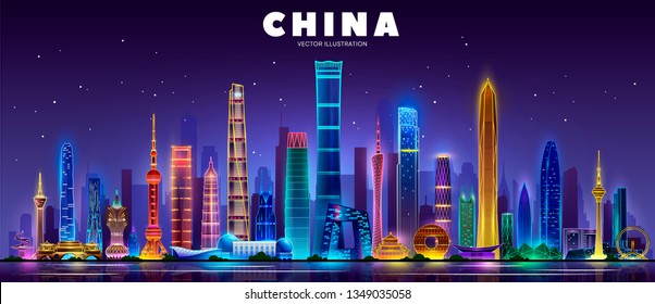 China's most popular buildings.	
China skyline at night vector illustration. Shanghai, Beijing, Tianjin, Shenzhen, Chengdu, Dongguan, Macau.