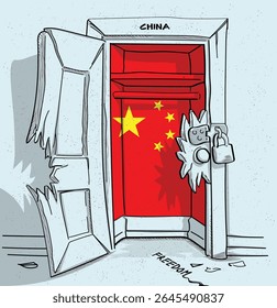 China's path to freedom. A political illustration of a broken but locked door with the national flag. A metaphor for struggle and hope.