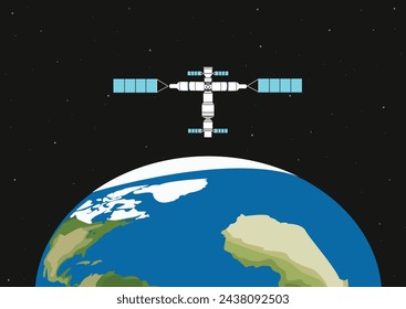 La estación espacial china de Tiangong | Estación Espacial girando alrededor de la Tierra con estrellas en el fondo	