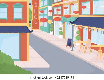 Chinatown flat color vector illustration. Dining and shopping destination. Neighborhood. Place for chinese community 2D simple cartoon cityscape with buildings on background. Comfortaa font used