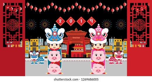 Chinatown And Lion Dance With Pig Costume Tradition At Night