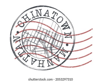 Chinatown, New York, NY, USA Stamp Map Postal. Silhouette Seal Roads and Streets. Passport Round Design. Vector Icon. Design Retro Travel National Symbol.