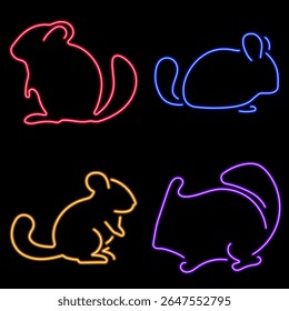 chinchila group of neon icons, vector illustration, on a black background.