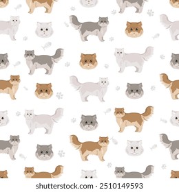 Chinchilla Persian Longhair Traditionelle Katze nahtloses Muster. Alle Fellfarben eingestellt.  Alle Katze Rassen Merkmale Infografik. Vektorgrafik