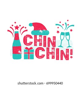 chin-chin Spanish language. Happy New Year card with champagne and gift. Vintage vector badge on the white background