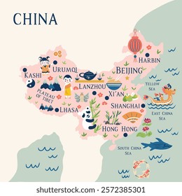 Chine map cartoon vector, Chinese country geographic banner template, colorful illustration, Asian adventure, decorative travel card, sign attraction for design touristic poster, animal background