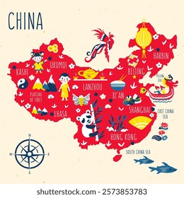 Chine map cartoon vector, Chinese country geographic banner template, colorful illustration, Asian adventure, decorative travel card, sign attraction for design touristic poster, animal background